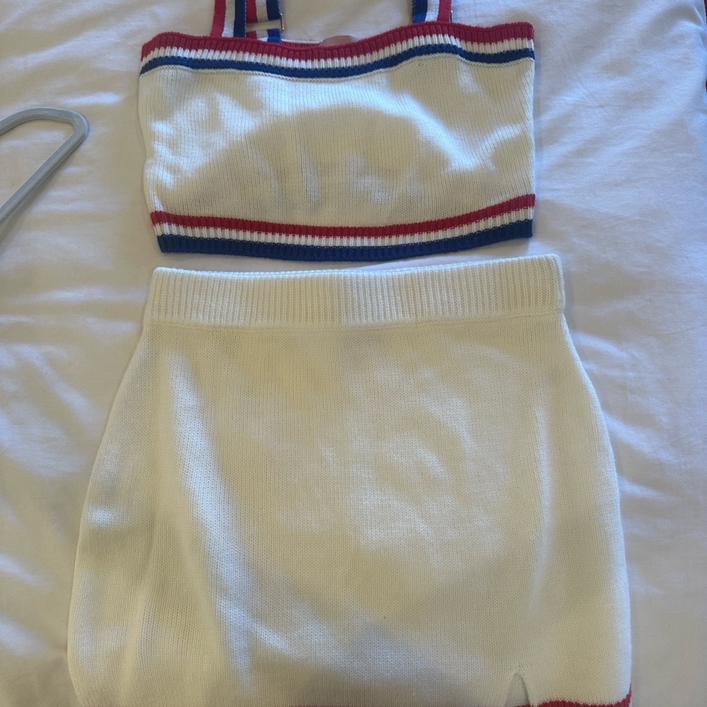 White Knit Two-Piece Set with Red and Blue Stripes